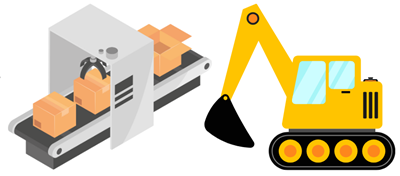 生産ラインと建設機械であるショベルカーのイラスト